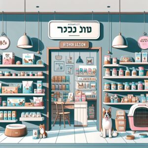 פנים של חנות חיות מודרנית בראשון לציון, עם מדפים מלאים באוכל לכלבים, צעצועים ואביזרים לבעלי חיים, מתאימה לחיפוש חנות לכלבים בראשון לציון וחנות חיות בראשל"צ